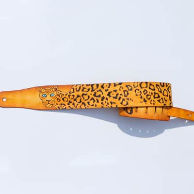 burnyblack custom made guitar strap leather - leopard pattern 1 yellow image 7