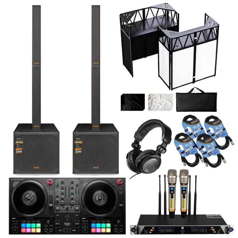 (2) PRO DG IRIS Portable Line Array Column PA With an 18" Subwoofer - Hercules DJ T7 - RDCMKL DJ Table - Tascam TH02 - PSG Audio UGX21 II - (4) XLR Cables Bundle image 1