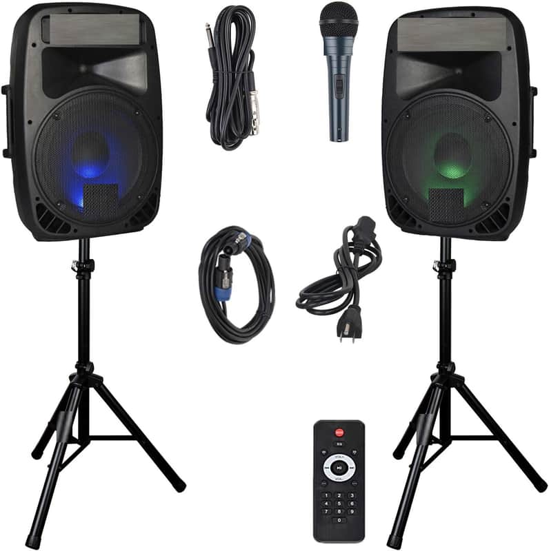 Portable 12-Inch 1000 Watts 2-Way Powered Dj/PA Speaker System Combo Set with Bluetooth/USB/SD Card Reader/FM Radio/Remote Control/Speaker Stand/Wired mic image 1