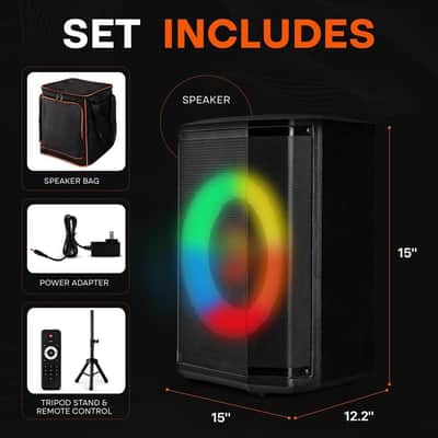 Portable Bluetooth Speaker with 8" Inch Woofer, TWS, Mic Input, USB/SD/FM Radio, Colorful Ring Lights, 120 W Rechargeable Battery, Tripod Stand & Speaker Bag, Hi-Fi Sound, Outdoor/Indoor Use image 2