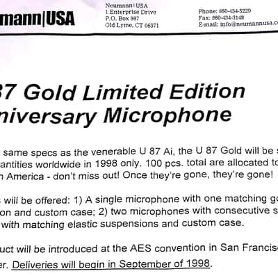 Neumann U 87 Gold 70th Anniversary 1998 - Gold image 3