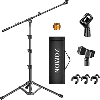 Microphone Stand, Tripod Boom Arm Floor Mic Stand Height Adjustable Heavy Duty with Carrying Bag 2 Mic Clips 3/8" to 5/8" Adapter for Singing Podcast for Blue Yeti Shure SM58 SM48 Samson Q2U