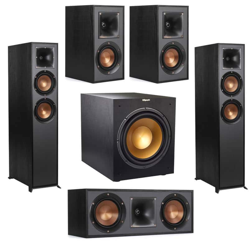 Klipsch 2 Pack R-625FA Dolby Atmos Floor standing Speaker - Bundle With R-41M Bookshelf Home Speakers, R-52C Center Channel Home Speaker, Klipsch R-12SWi 12-in Wireless Subwoofer, BlackPolymer Veneer image 1