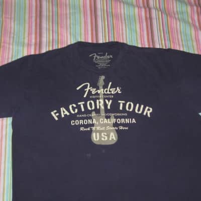 pre-owned / worn genuine Fender - Fender Factory Tour (Corona, California USA) - short sleeve T-Shirt, Men's X-Large (XL) Navy Blue with Creme & Gray Graphic, 100% preshrunk cotton, late 2000s to early - mid 2010s image 10