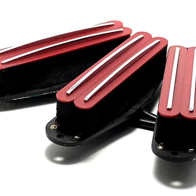 Dragonfire Duo Rails SSS Set Strat Sized Humbucker Pickups, Bridge/Middle/Neck ~ Red w/ Chrome Rails image 1