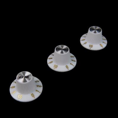 Set of  Top Hat Bell Style Guitar Knobs (2 Tone & 1Volume) Foil-top, White
