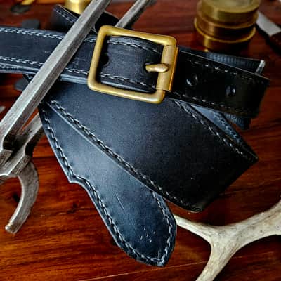 Guitar strap - Hand made and hand stitched leather guitar strap, Black & Black - "Wolf" [SOLD - MORE MADE TO ORDER] image 8