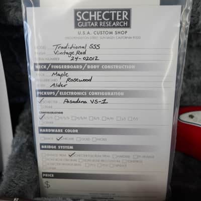 Schecter USA CUSTOM SHOP Traditional Vintage Red SSS 6-String w/ Black Tweed Case (2024) image 5