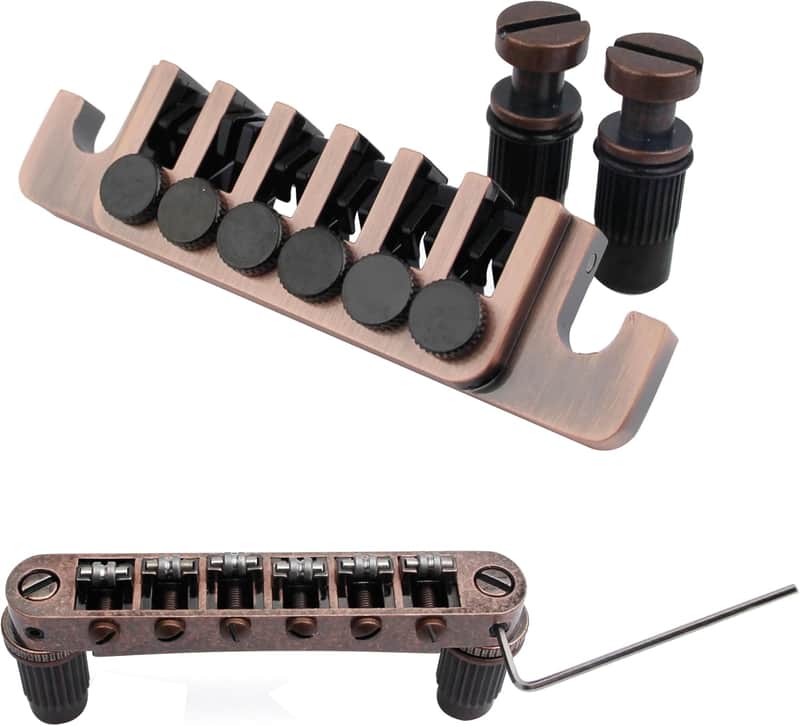 Guitar Tune-O-Matic Roller Saddle Bridge Tailpiece Stop Bar Lock Combo Replacement Compatible with 6 Strings Electric Guitar (Bronze) image 1