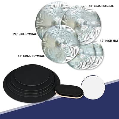 Rhythm Bytes Low Volume Cymbal Pack with Drum Silencer Pads, 13pcs, Cymbals Set - 14"/16"/18"/20", Drum Mute Pads - 8"/10"/12"/13"/14"/16", 1 Bass Mute, 1 Snare Wire Mute, Silver image 2
