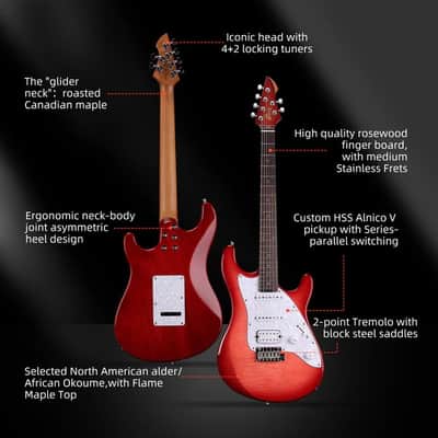 WINZZ Gravity PRO Series -WGS150 Solid Alder Body ST electric guitar With Roasted Maple Neck, HSS Pickups, Rosewood Fingerboard, D'Addario EXL120 Strings, Mini Double Locking Tremolo - Red image 3