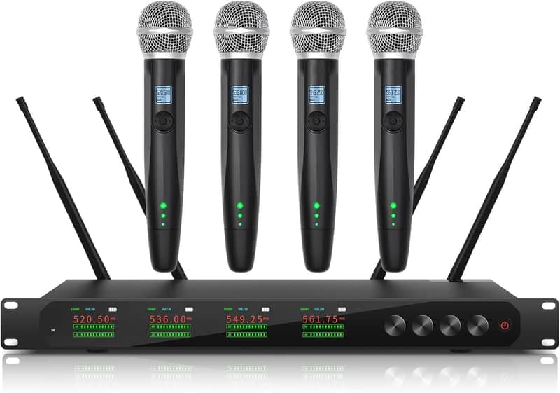 Wireless Microphone System Quad Channel Wireless Mic w/ 4x50 UHF Frequencies,Auto Paring,650Ft Range,True Diversity Metal Cordless Handheld for Church, Karaoke, Party image 1