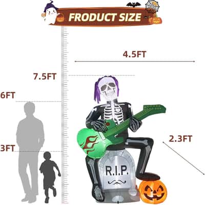 7FT Rocker Skeleton Halloween Inflatable w/ LED Lights | DJ & Music Decor image 4