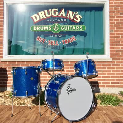 1959/60 Gretsch Round Badge Broadkaster Name-Band Drum Set - Blue Glass Glitter 22/13/16/5x14 Snare image 1