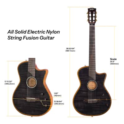 Bromo BEN2C Electric Nylon String Guitar, Thinline Fully Chambered Semi-Hollow Body Slim Neck Dual Pickup Stage Live Performance Fusion Classical Guitar with Hard Case (Transparent Black) image 4