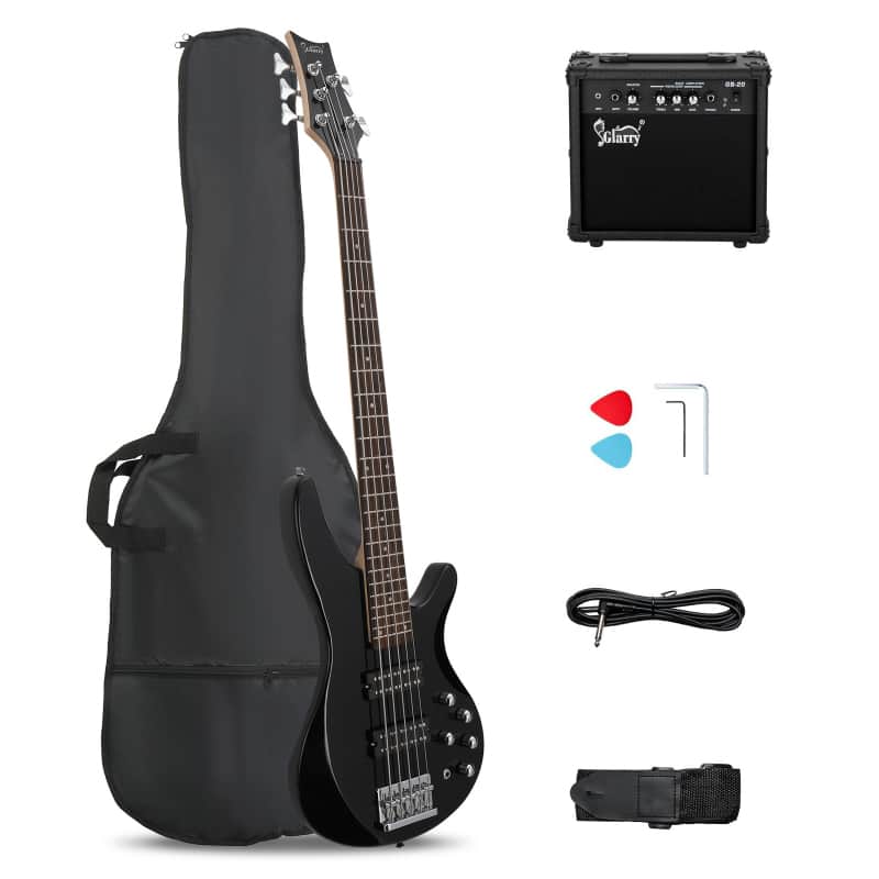 Glarry GIB 5 String Bass Guitar Full Size Open-coil HH Pickup Black + 20W Amplifier image 1
