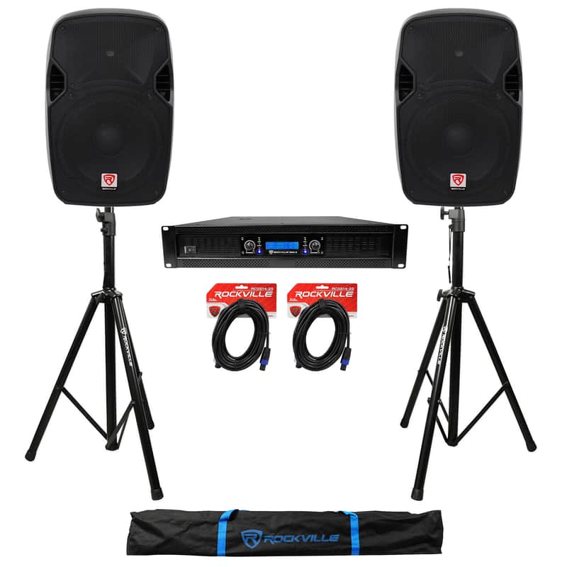 (2) Rockville SPGN124 12" 1200W DJ PA Speakers+Power Amplifier+Stands+Cables image 1