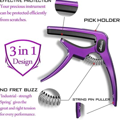 Exclusive Gradient ‘Royal Silk’ Purple Heavy-Duty Guitar Capo for Acoustic/Electric Guitar with 4 Picks, Guitar Clip/Guitar Clamp image 2