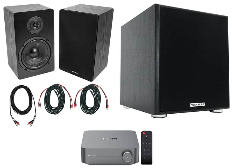 (2) Rockville RockShelf 68B Black 6.5" Bookshelf Speakers+Wifi Amp Receiver+Sub image 1