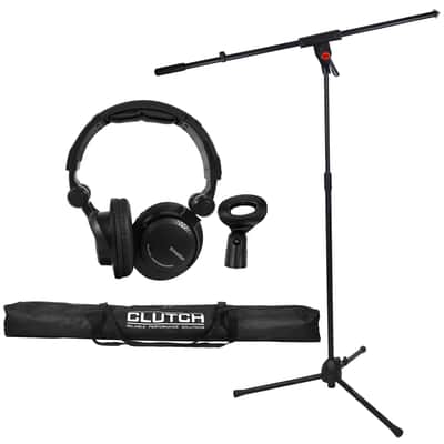 Microphone Stand Dual Mic Clip Boom Arm Foldable Tripod Clutch w Headphones image 1