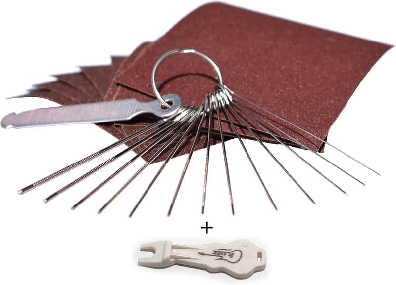 Guitar Bridge Saddle Nut Files Set - 13 Different Size Needle Files with Circular Cross Section and 9 Pcs Sand Paper For Bass, Ukulele, Acoustic & Electric Guitar nut slot polish image 1