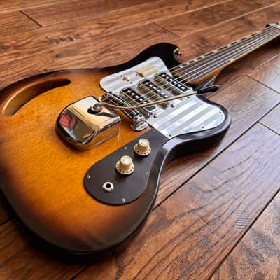 Vintage 1960s Teisco TG-64 Electric Guitar Monkey Grip Tobacco Burst Offset Tremolo MIJ Japan w/ OHSC image 4