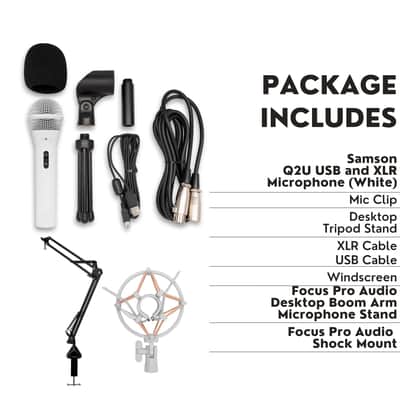 Samson Q2U USB and XLR Handheld Dynamic Microphone with Cardioid Polar Pattern (White) Bundle with Focus Pro Audio Shock Mount (White) and Focus Pro Audio Desktop Boom Arm Microphone Stand (3 Items) image 7