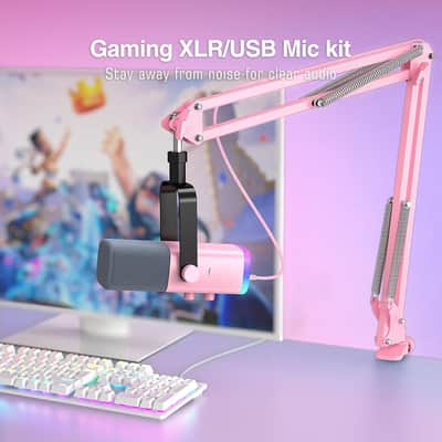 XLR Gaming Microphone USB, PC Dynamic Microphone Kit for Vocal, Recording, Podcast, Streaming RGB Mic with Headphone Jack, Mute Button, Boom Arm Stand for Computer/Mixer-AmpliGame AM8T Pink image 2