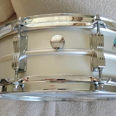 Ludwig L-404 Acrolite 5x14" 8-Lug Aluminum Snare Drum with Rounded Blue/Olive Badge 1979 - 1993 - Gray image 2