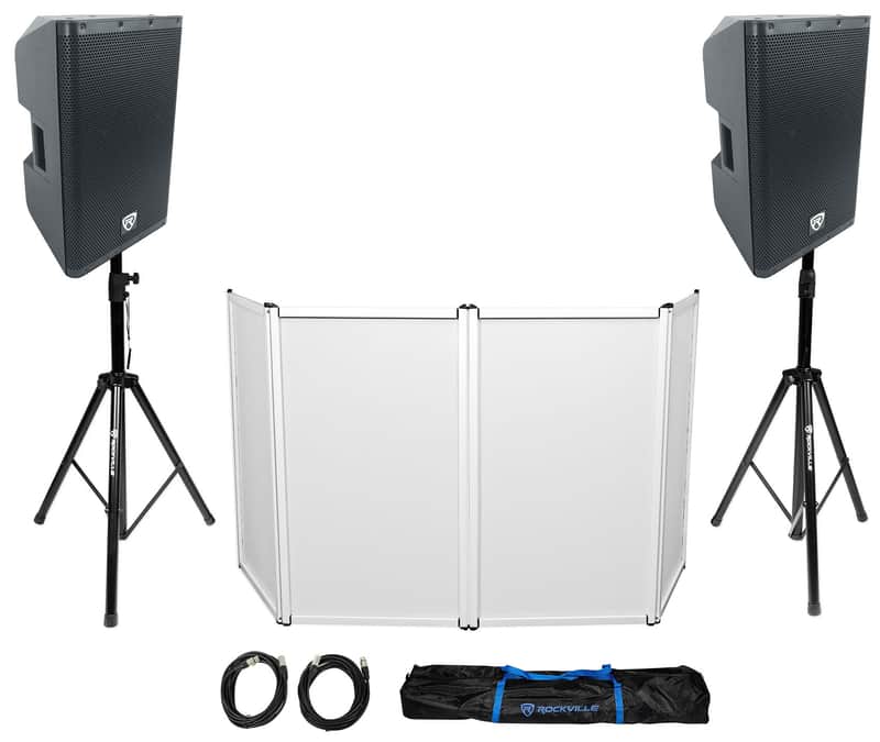 DJ Package w/(2) Rockville DX12 500w RMS PA Speakers+Facade+Stands+Cables+Bag image 1