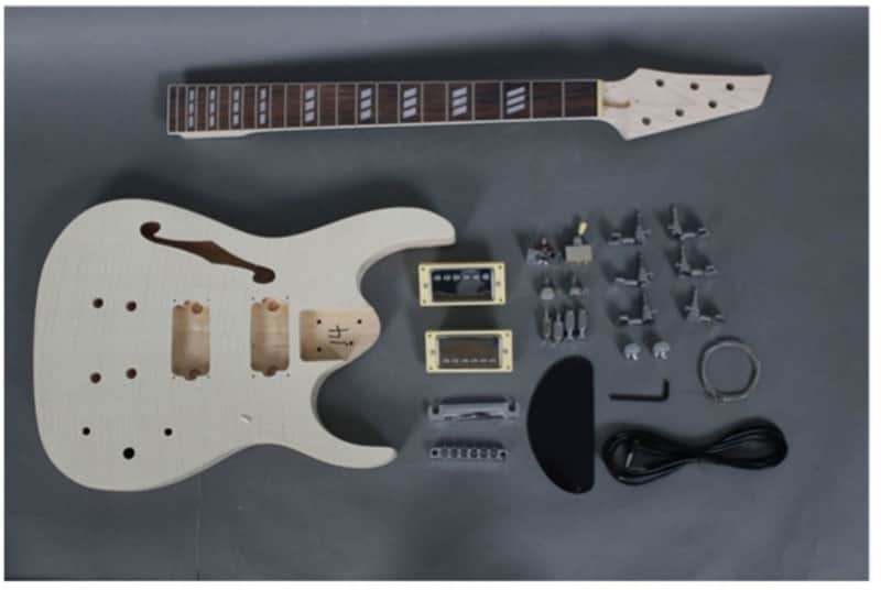 Flamed Top Semi-Hollow Super Strat Style Electric Guitar DIY Kit – F-Hole – Unfinished Build Kit image 1