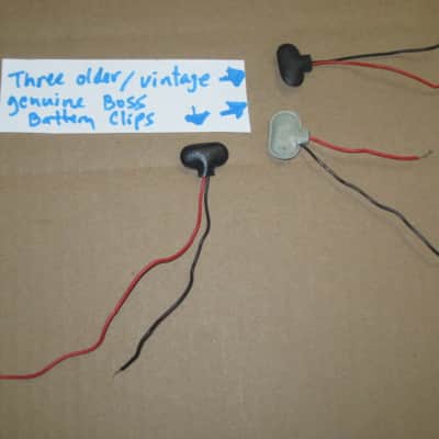 3 used genuine BOSS older battery clips (1 GRAY, early 1980s / 2 BLACK - one late from 1980s, other from 1990s) (NO pedals) - also including 2 new NON Boss battery clips, 2 extra wires, 2 pieces heat shrink tubing (AS IS / FINAL SALE- read description) image 2