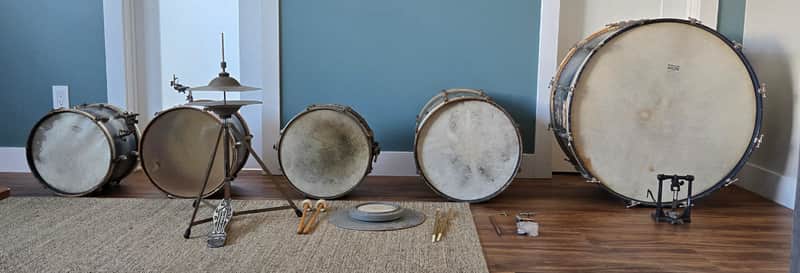 1938-1940 Slingerland Radio King 5-Piece Trap Set – 29" Bass – Original Blue & Silver Duco – Complete w/ Epic Pedal image 1