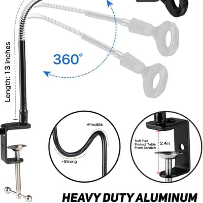Desktop Mic Stand 13" Flexible Gooseneck Microphone Stand Desk Universal Microphone/Phone Stand Holder with Heavy Duty Desk Clamp, Mic Clip, 3/8" to 5/8" Screw Adapter for Universal Mic image 2