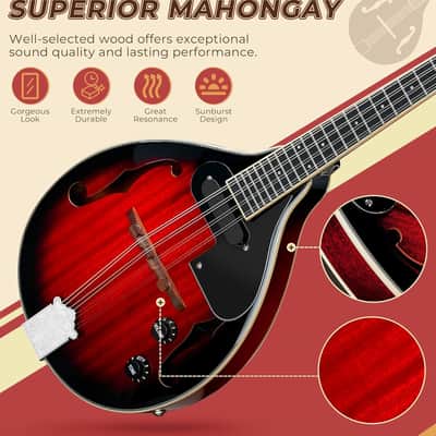 Mandolin Musical Instrument A Style Acoustic Electric, 8 Strings Mahogany for Beginner Adults Teens, Red Burst image 3