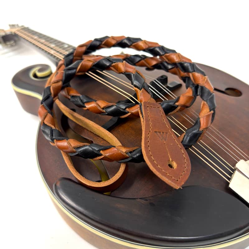 Walker And Williams M-51-CHT/BLK Throwback Series Chestnut Brown And Black Grain Leather "Twist" Mandolin Strap image 1