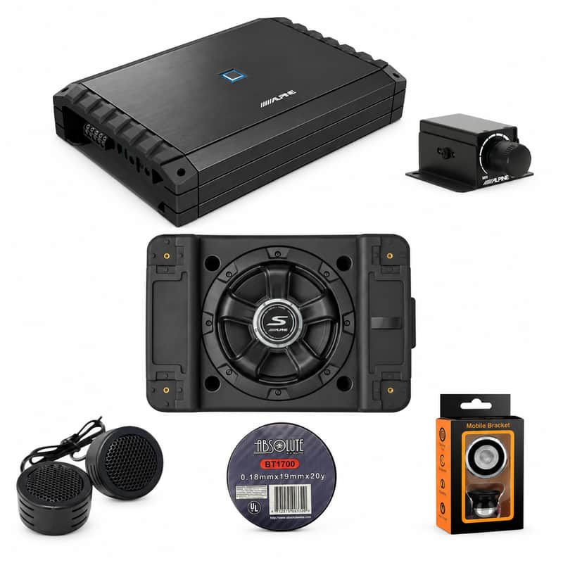 Alpine S2-A55V 5-Ch Amplifier + SS-SB10 10" Shallow Loaded Subwoofer + RUX-KNOB.2 Bass Knob + Accessory Bundle