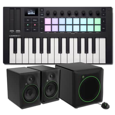 Novation Launchkey Mini 25 MK4 25-Key Mini MIDI Keyboard Controller Full-Range 2.1 Production Studio Bundle with Mackie CR8BT 8-Inch Powered Studio Monitors and CR8SBT 8-Inch Powered Subwoofer