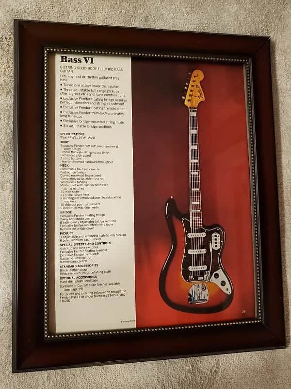 1970 Fender Guitars Promotional Ad Framed Bass VI Original image 1