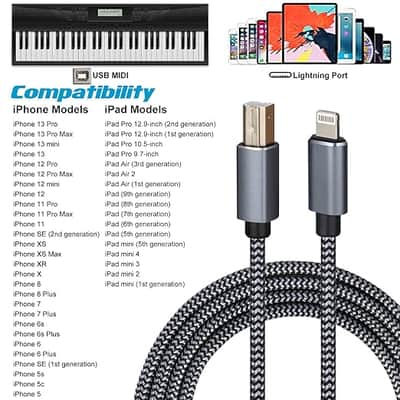 Lightning to MIDI Cable USB OTG Type B Cable for Select iPhone, iPad Models for Midi Controller, Electronic Music Instrument, Midi Keyboard, Recording Audio Interface, USB Microphone (6FT) image 4