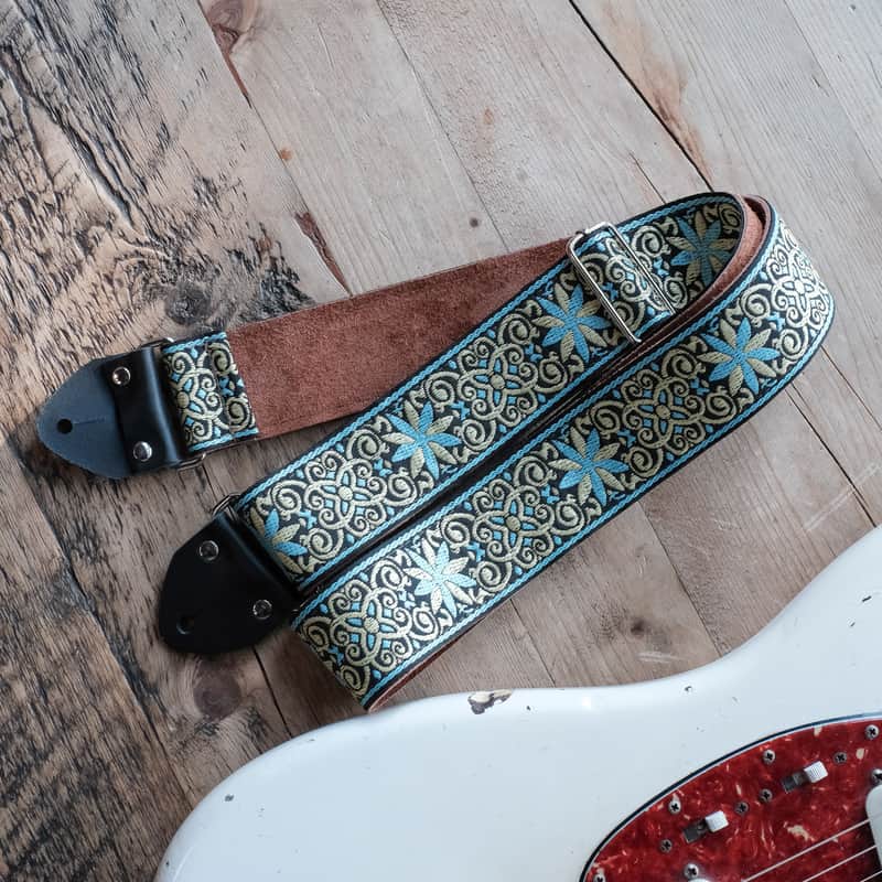 Vintage Blue 60s/70s Hippie Guitar Strap / Real Suede Backing / Handmade in the UK image 1