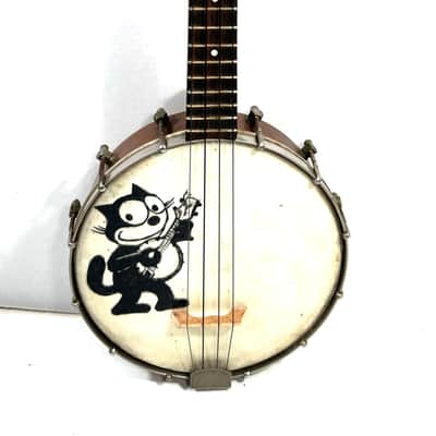 Old Stella painted banjolele banjo uke with art on the head Felix the banjo Cat 1940s - Wood image 3