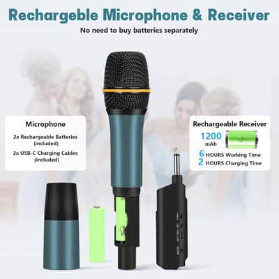 Wireless Microphones, UHF Metal Rechargeable Cordless Dynamic Mic System with Auto-Connect Receiver, 160ft Range Professional Wireless Microphone for Karaoke, Party and PA System image 3