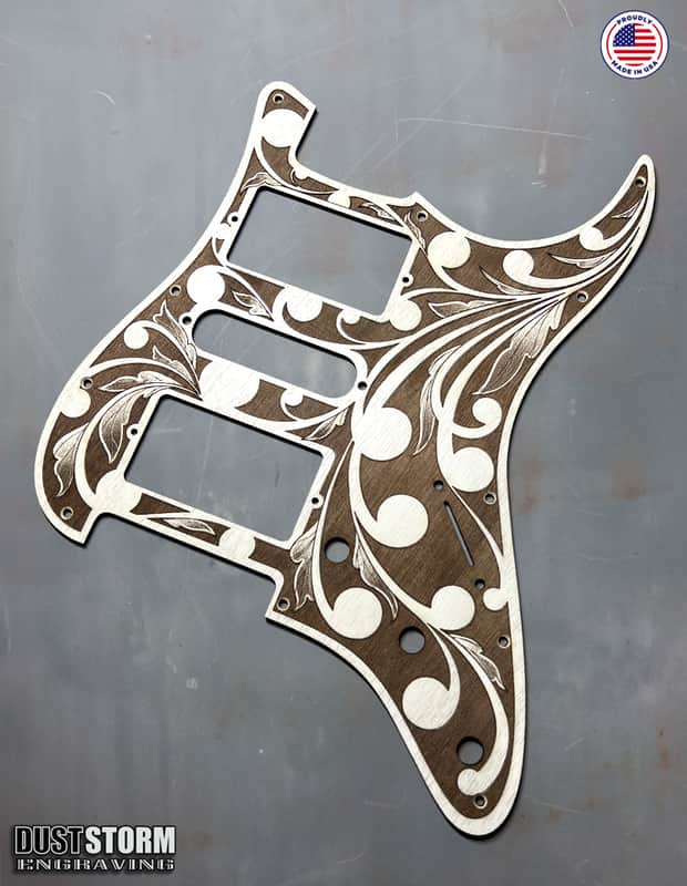 Engraved Cherry Wood Pickguard & Free Tremolo Cover Design #2 for Fender Stratocaster SSS, HSS, HSH Setups Available image 1