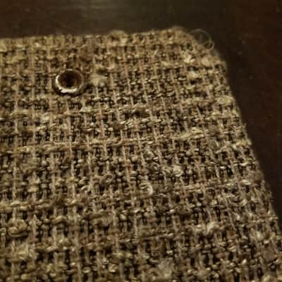 Vintage 11"x14" woven speaker cloth grille and pressboard baffle barkcloth? 1950s - black, silver, and tan image 7