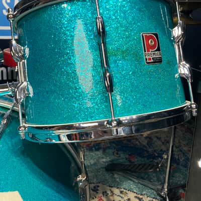 Premier 4-Piece Drum Set, 22", 16", 12" and 14x5.5" Matching Snare Drum, Hardware and Cases, All Original!! 1966 - Aquamarine Sparkle image 10