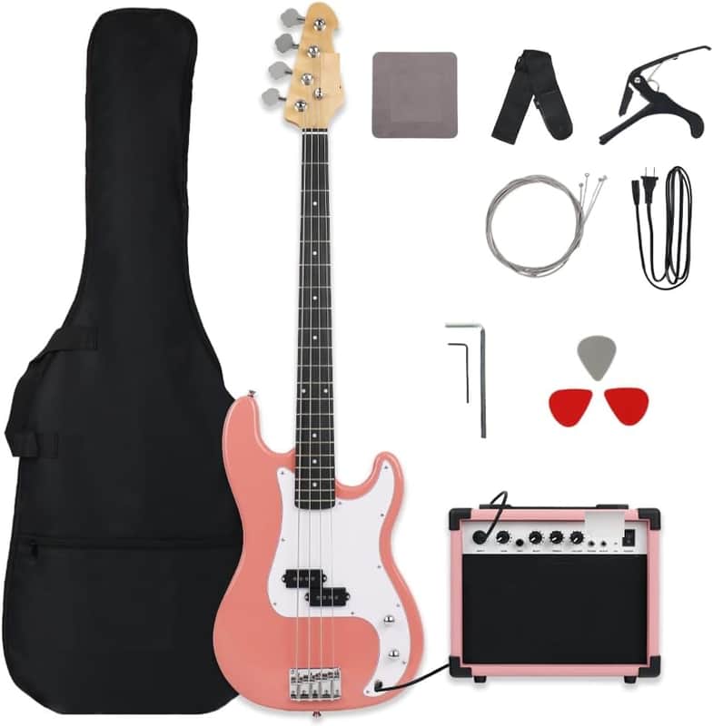 Full Size 4 Four String Electric Bass Guitar 20W Amplifier Amp Right Hand Beginner Starter Kit Set Combo Bundle Accessory Gig Bag,Strap,Picks,Capo,Noiselss Cable,Strings (Pink) image 1