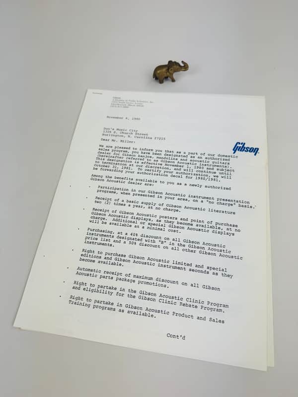 Gibson Acoustic Dealer Authorization Letter 1980 image 1