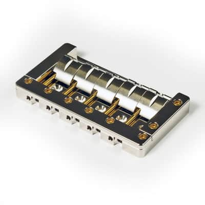 KSM Foundation Bass Bridge, (5-String) Nickel w/ Gold Bolts, Slotted Saddles- 17mm image 4