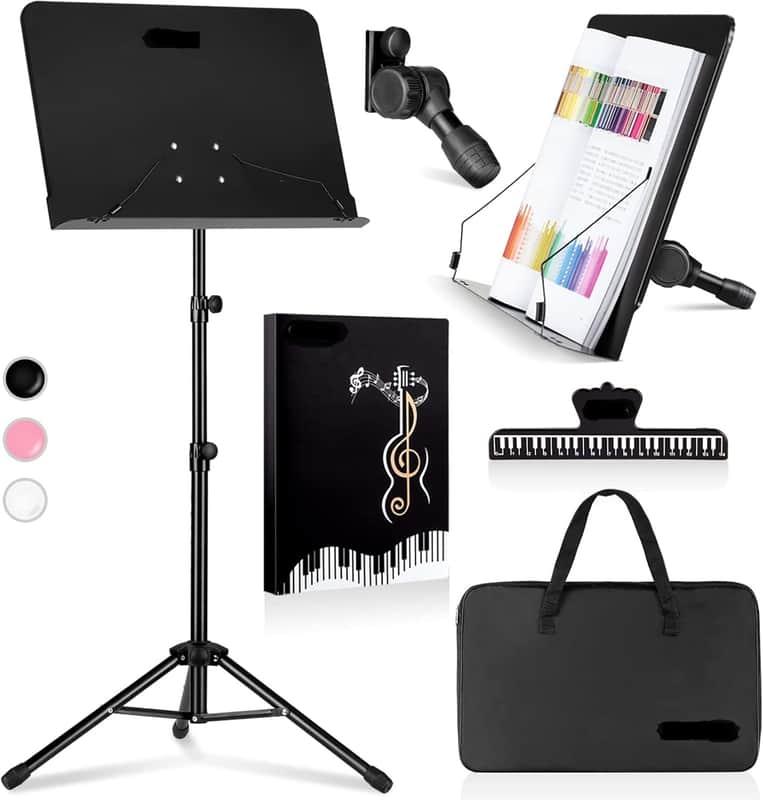 5 in 1 Dual-use Sheet Music Stand & Desktop Book Stand Metal Portable Solid Back Height Adjustable from 31.4-57in with Book Stand Support, Carrying Bag, Sheet Music Folder and Clip image 1